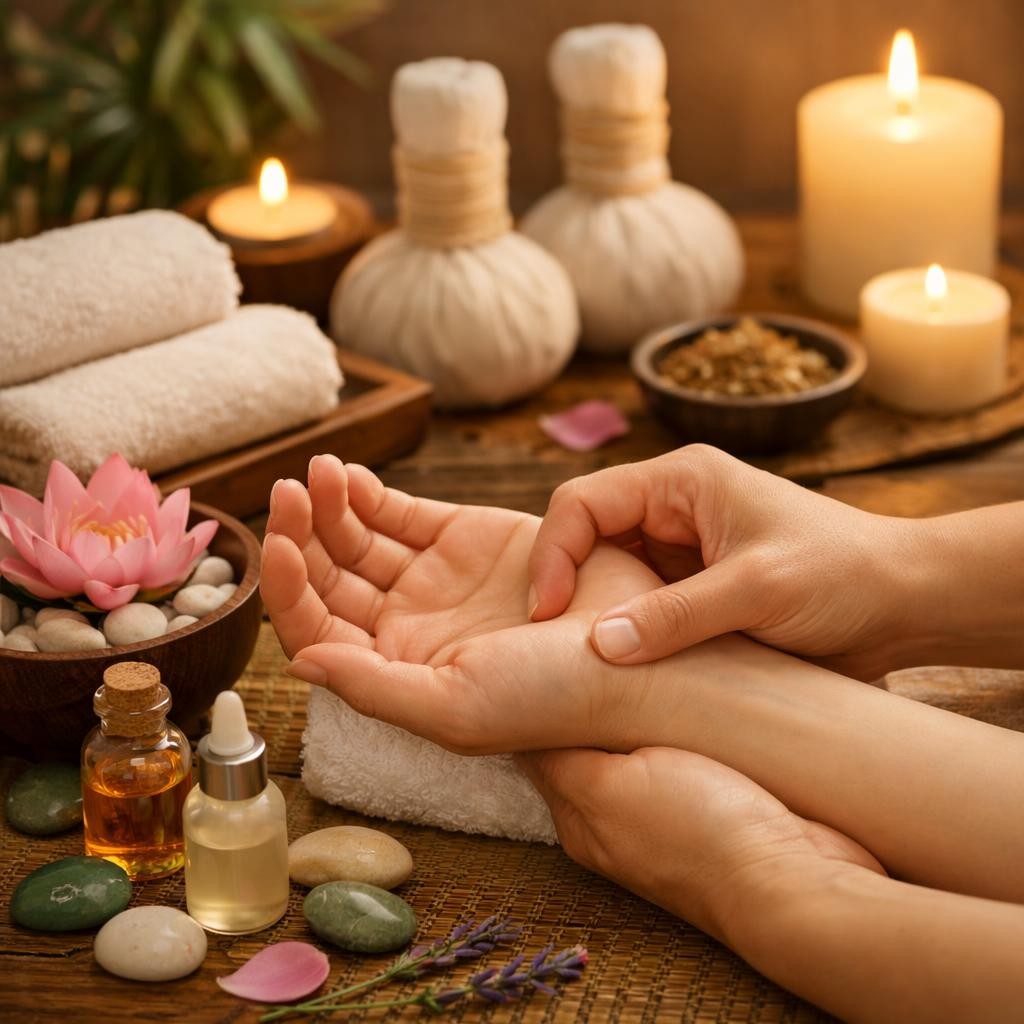 Hands giving a wrist massage surrounded by spa items like candles, towels, oils, and stones