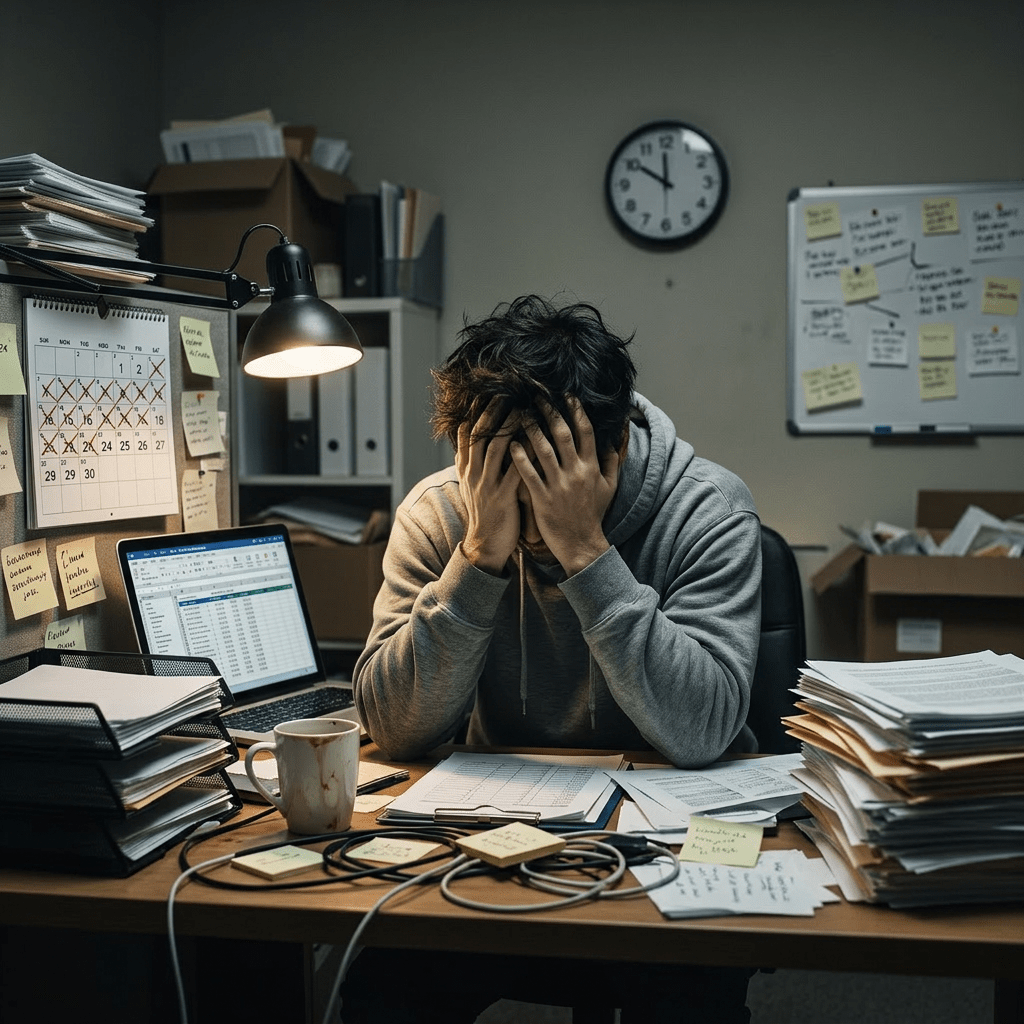 Person sitting at cluttered desk with head in hands amid piles of paperwork and laptop