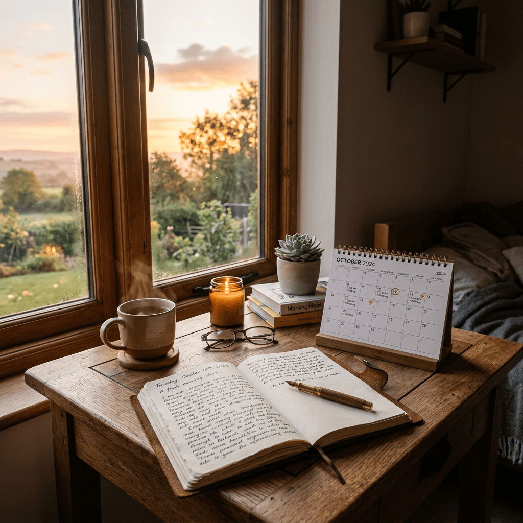 Wooden desk by window with open journal, pen, steaming coffee mug, calendar for October 2024, glasses, candle, and succulent plant