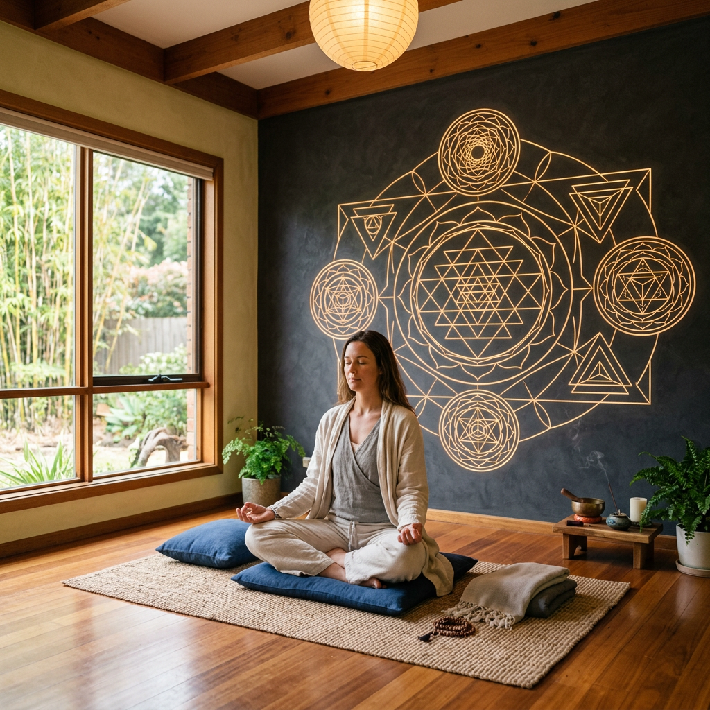 Woman meditating cross-legged on cushions with glowing sacred geometry behind her