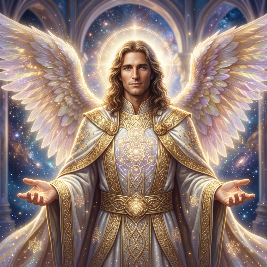 Angel with golden wings holding a scroll inscribed with mystical symbols and text